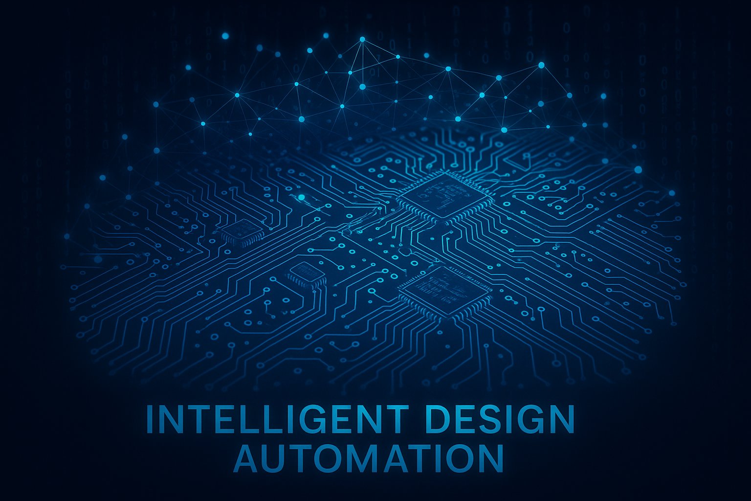 A futuristic digital graphic of a PCB layout overlayed with AI network lines and data points symbolizing intelligent design automation