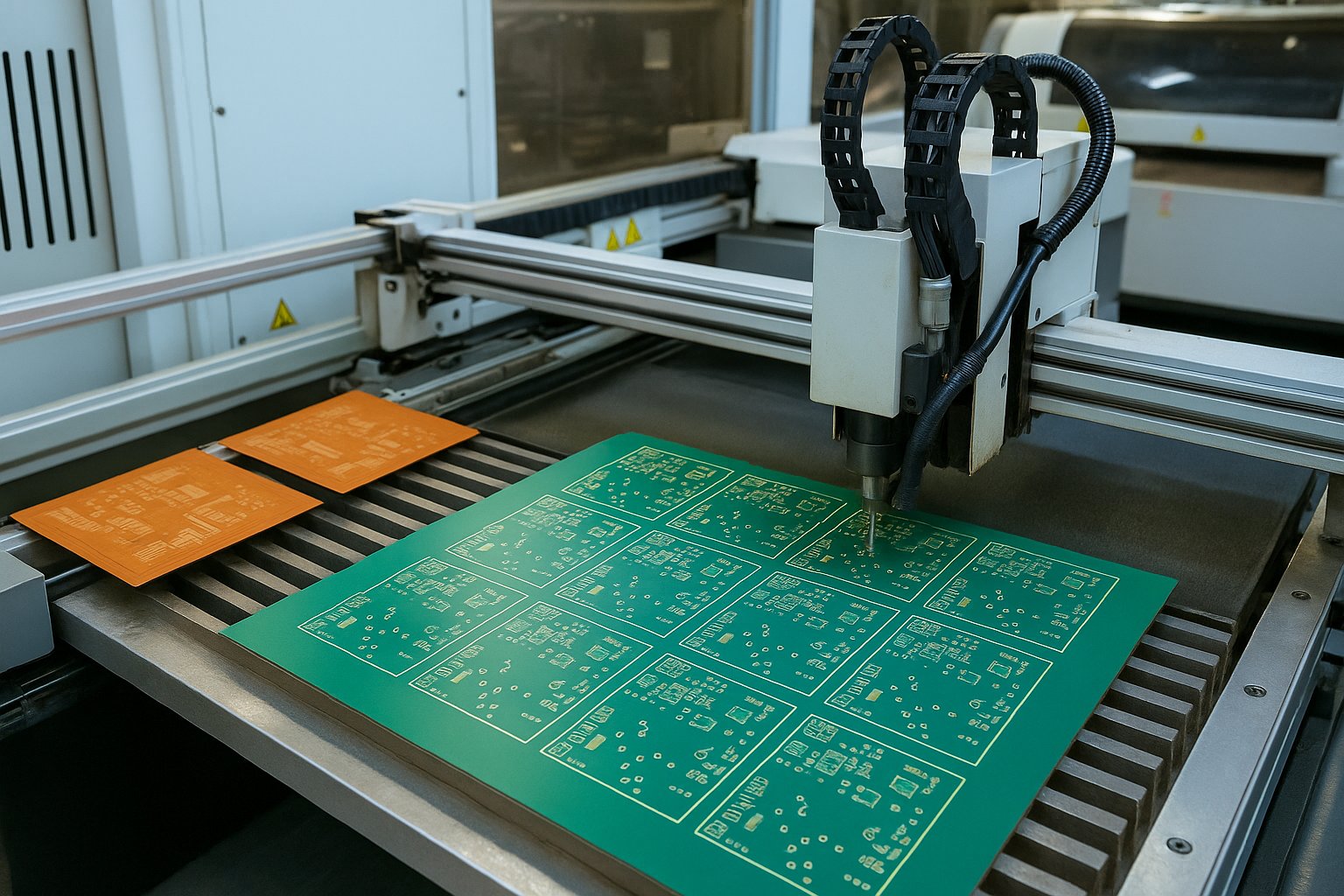 A manufacturing line showing PCB panels being etched and drilled