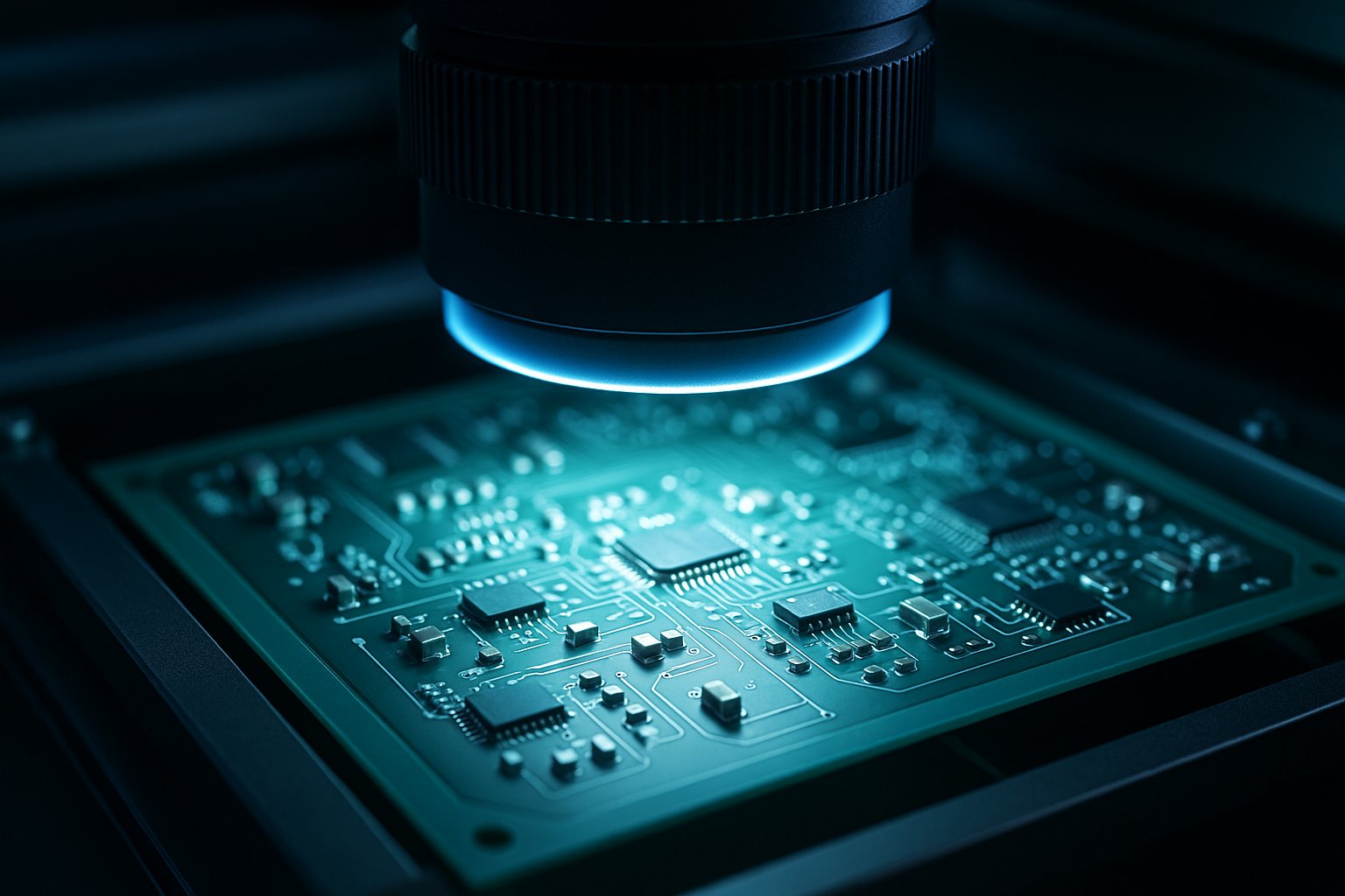 Close-up of an AOI system scanning a PCB under magnified optics