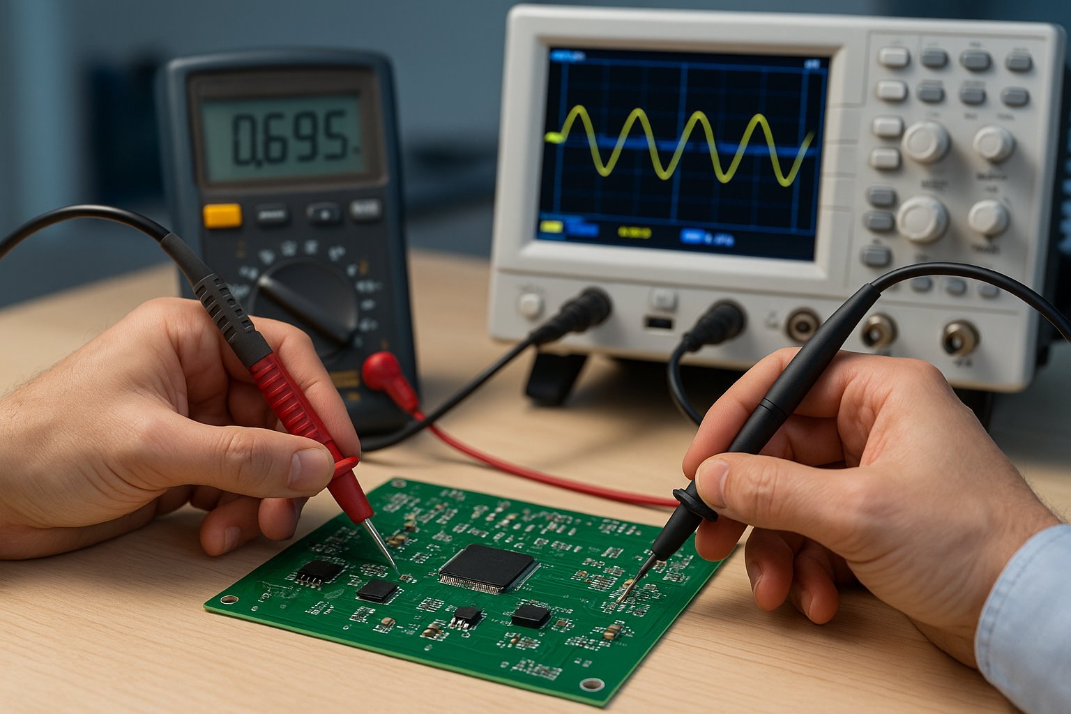 Engineer testing PCB prototype with oscilloscope and multimeter