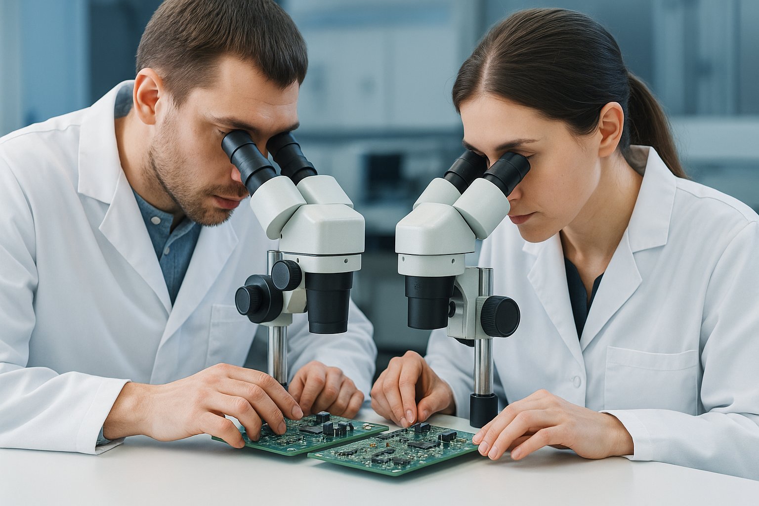 Precision4PCB engineers inspecting assembled prototypes under magnification