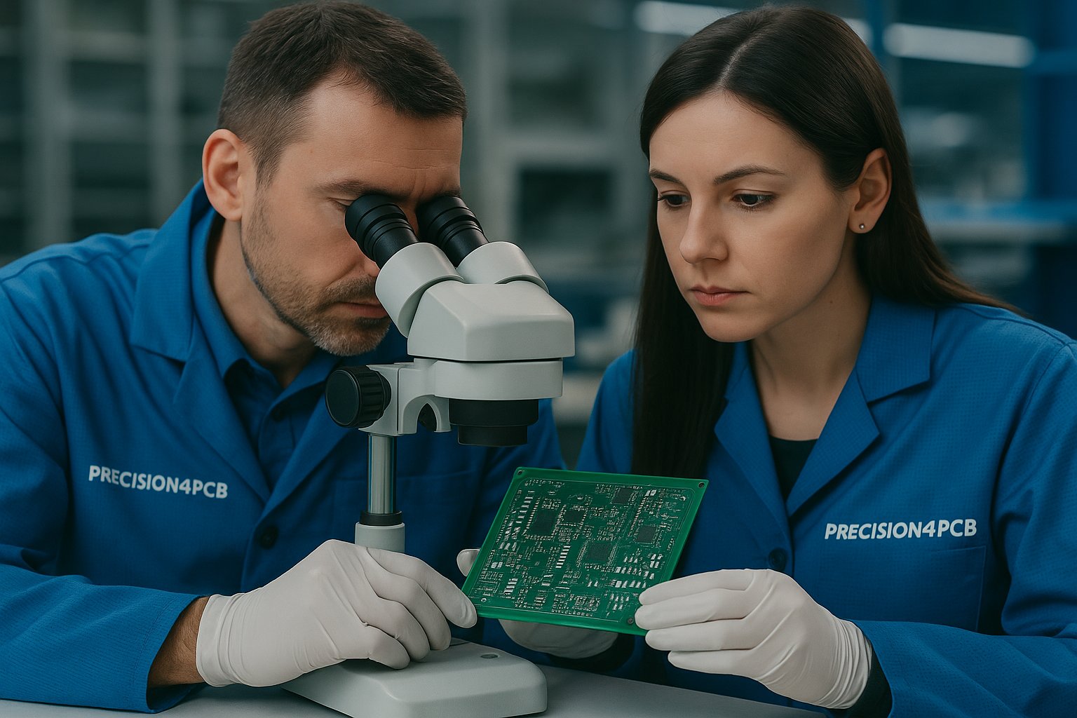 Precision4PCB engineers inspecting multilayer boards under magnification