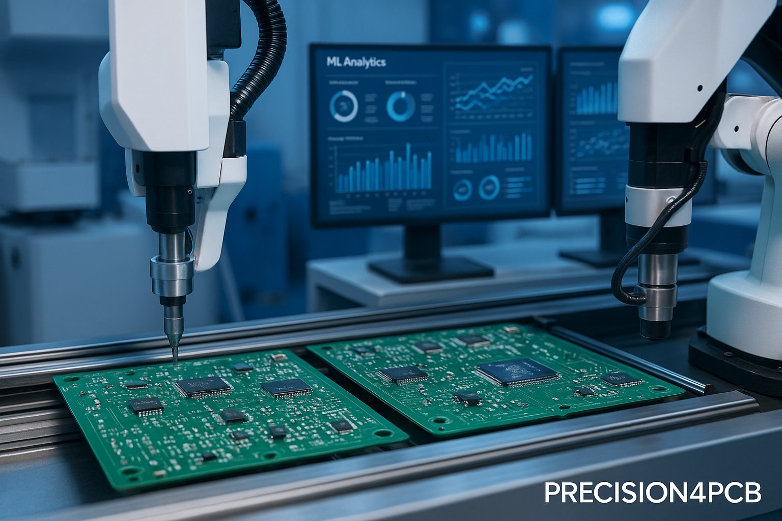 A futuristic digital graphic of a PCB layout overlayed with AI network lines and data points symbolizing intelligent design automation
