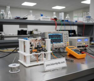 3D-printed PCB prototype with testing equipment